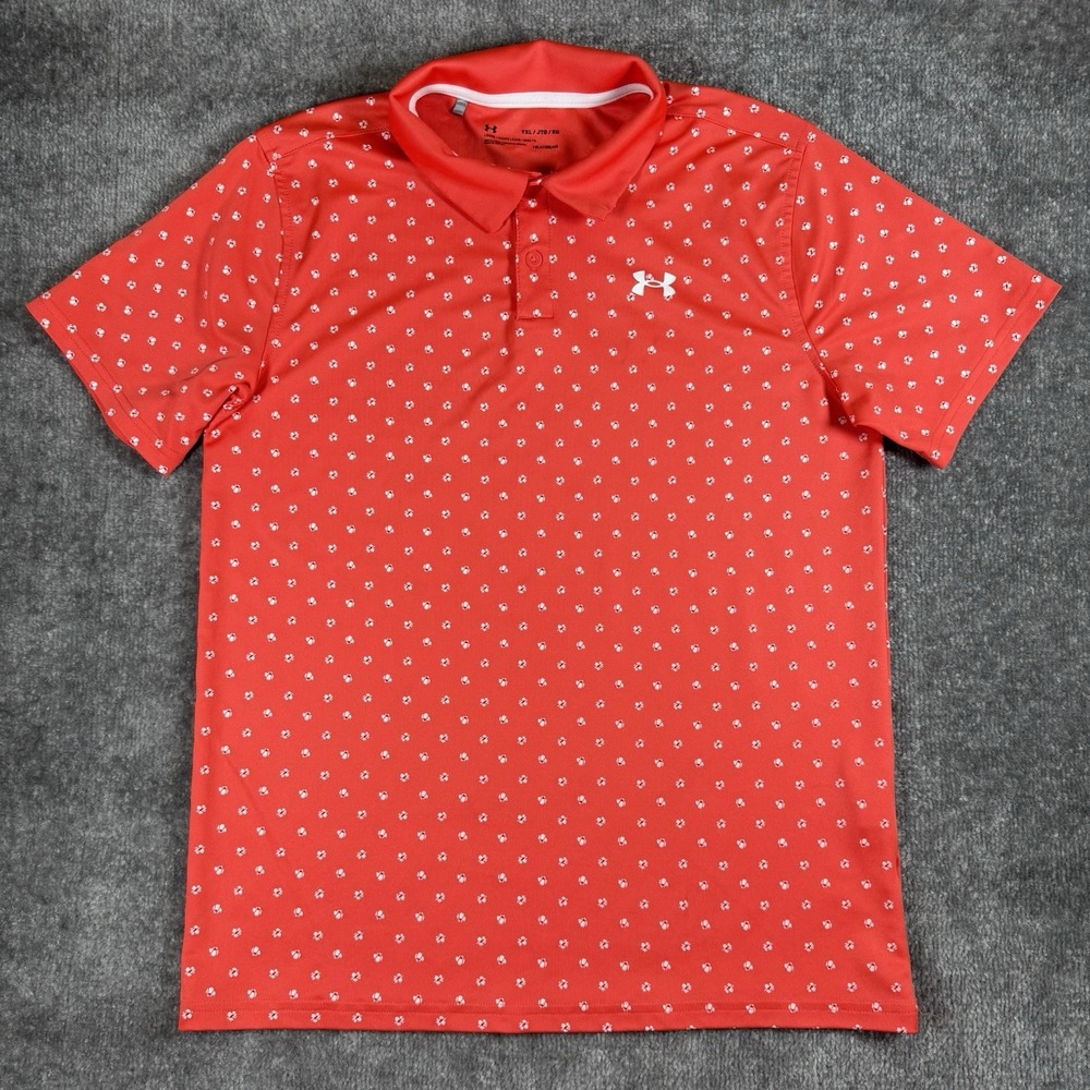 Under Armour UA Polo Shirt Boys YXL Orange Floral Heatgear Loose Fit Golf